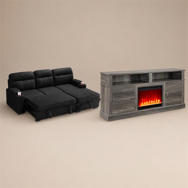 Pemberly Row Set of 2 Fireplace TV Console and Black Sleeper Sectional Sofa