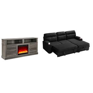 Pemberly Row Set of 2 Fireplace TV Console and Black Sleeper Sectional Sofa