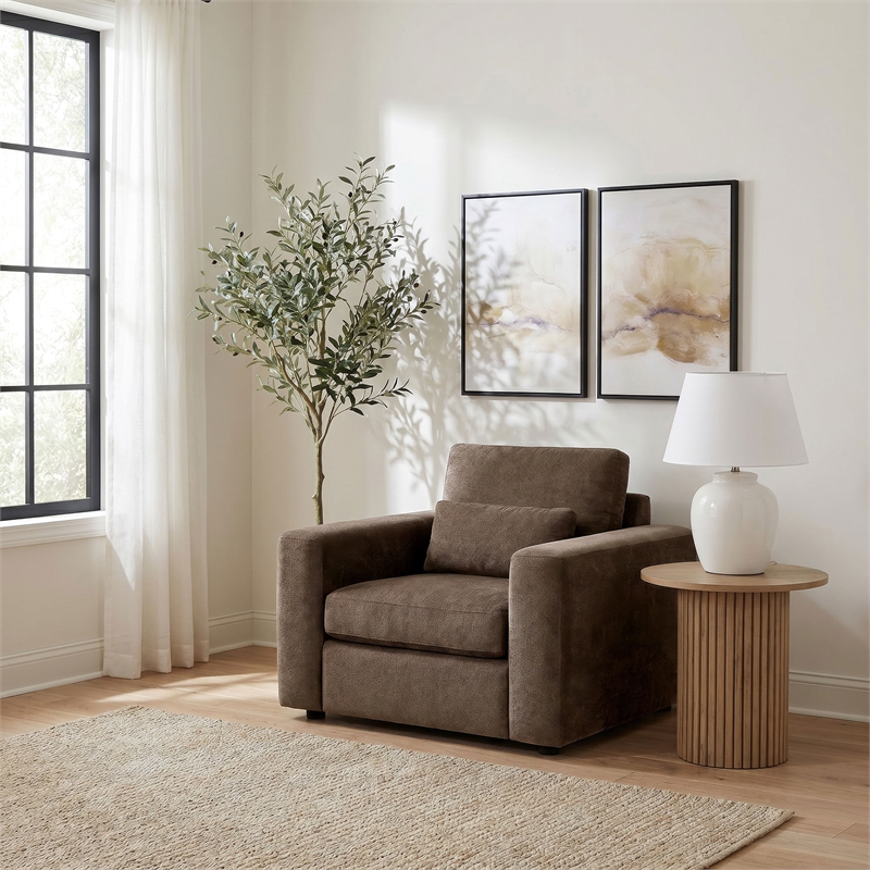 Pemberly Row Chenille Upholstered Track Arm Accent Chair in Chocolate