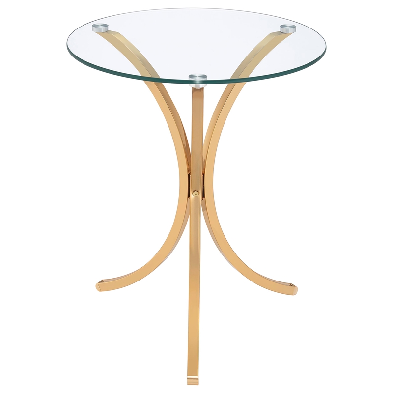 Pemberly Row Round Glass Top Curved Metal Side Table in Gold