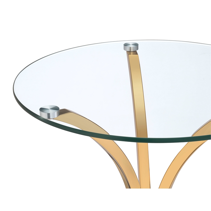 Pemberly Row Round Glass Top Curved Metal Side Table in Gold