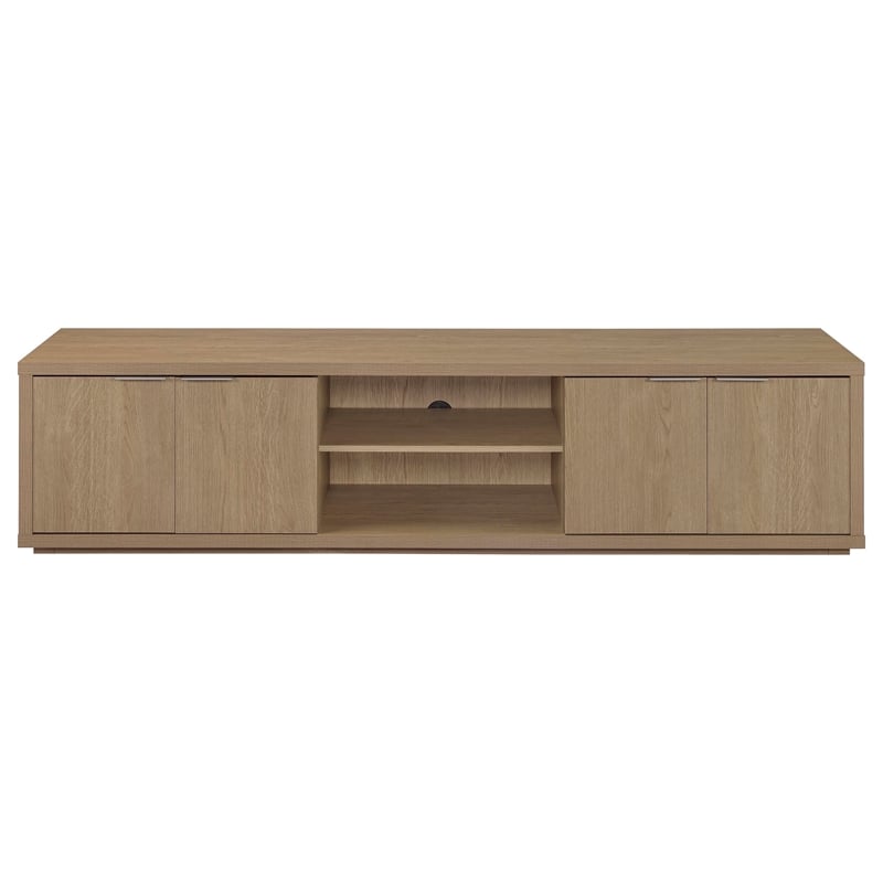 Pemberly Row 85-Inch TV Stand with Soft-Close Doors and Shelf in Latte