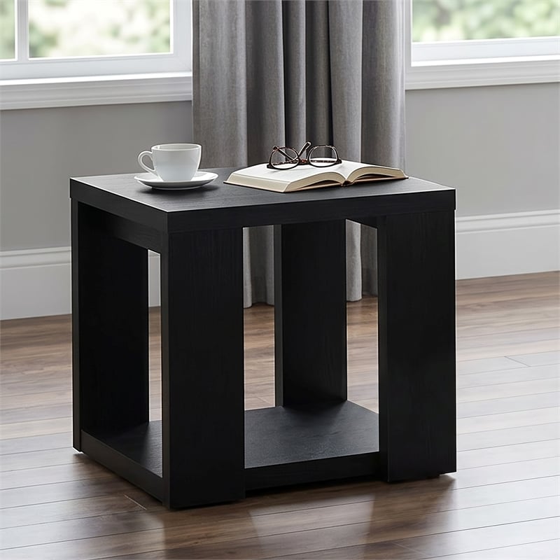 Pemberly Row Engineered Wood End Table with Open Lower Shelf in Black