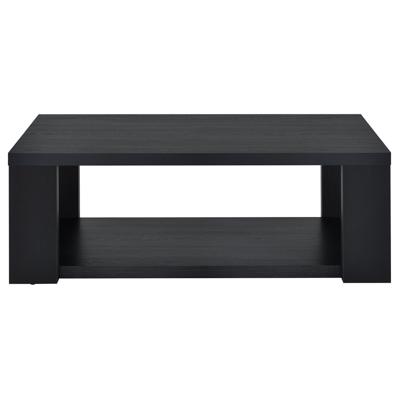 Pemberly Row Engineered Wood Coffee Table with Open Lower Shelf in Black