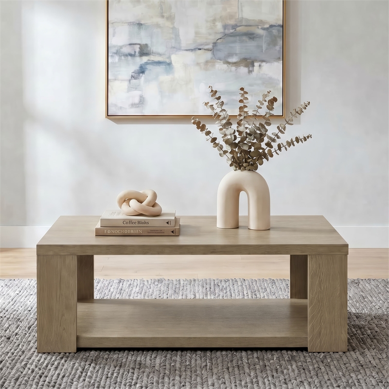 Pemberly Row Engineered Wood Coffee Table with Open Lower Shelf in Latte
