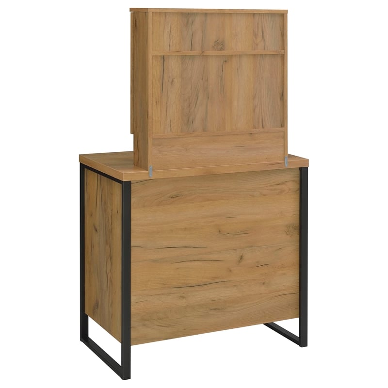 Pemberly Row Engineered Wood Vanity Set with Mirror and Stool in Brown