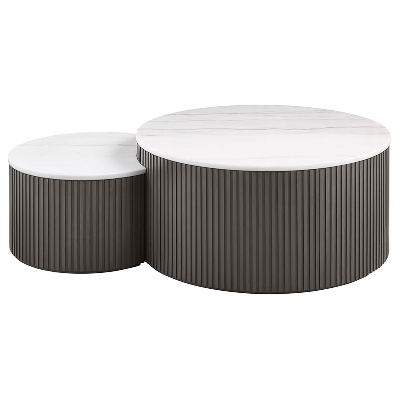 Pemberly Row 2-Piece Round Marble Top Nesting Coffee Table Set in Charcoal
