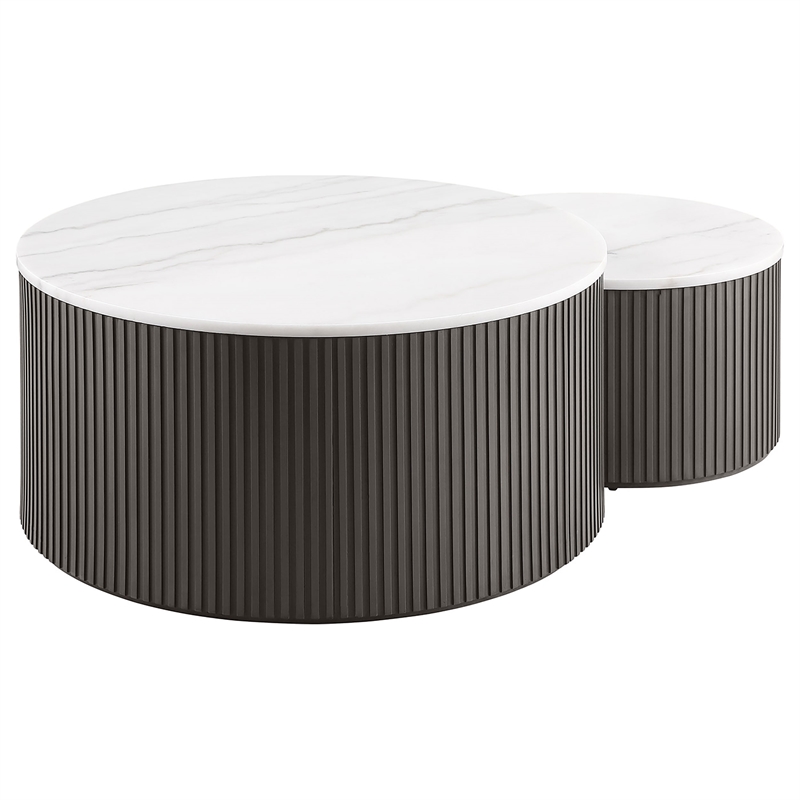 Pemberly Row 2-Piece Round Marble Top Nesting Coffee Table Set in Charcoal