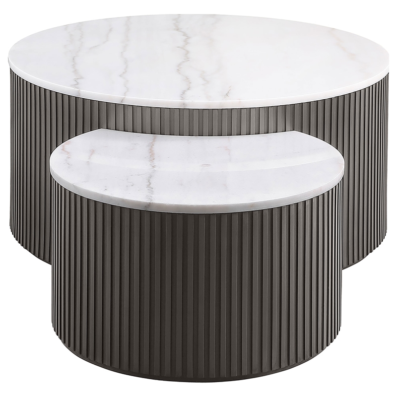Pemberly Row 2-Piece Round Marble Top Nesting Coffee Table Set in Charcoal