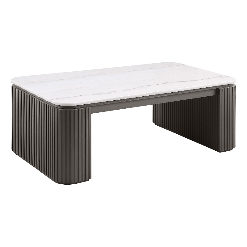 Pemberly Row Rectangular White Marble Top Fluted Coffee Table in Charcoal