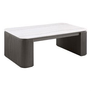 Pemberly Row Rectangular White Marble Top Fluted Coffee Table in Charcoal