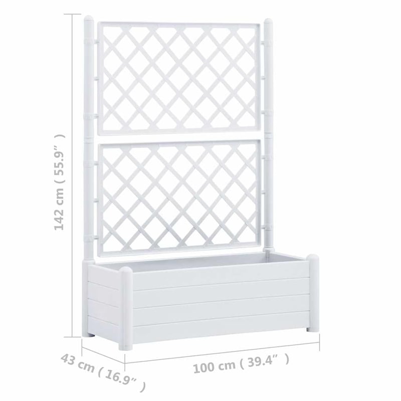 Pemberly Row Rectangular UV-Resistant Garden Planter with Trellis in White
