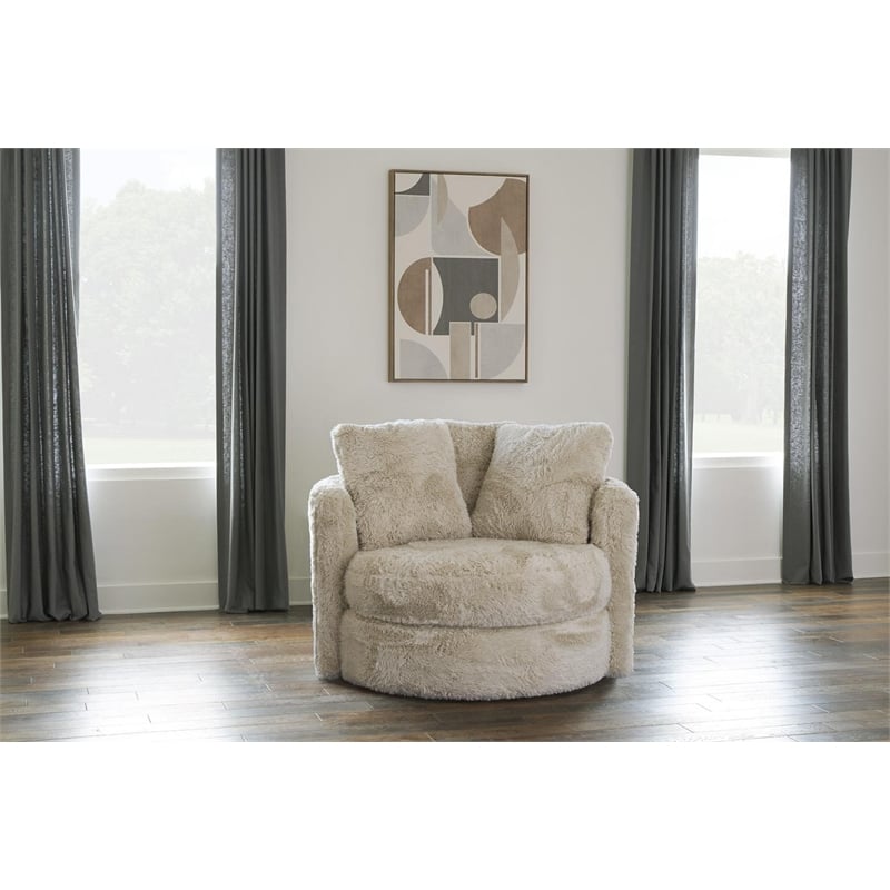 Pemberly Row Faux Fur Swivel Barrel Accent Chair with Oversized Design
