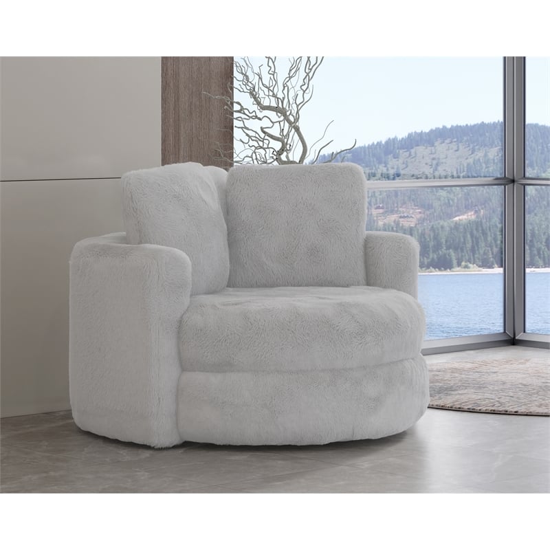 Pemberly Row Faux Fur Natural Tone Oversized Swivel Barrel Accent Chair