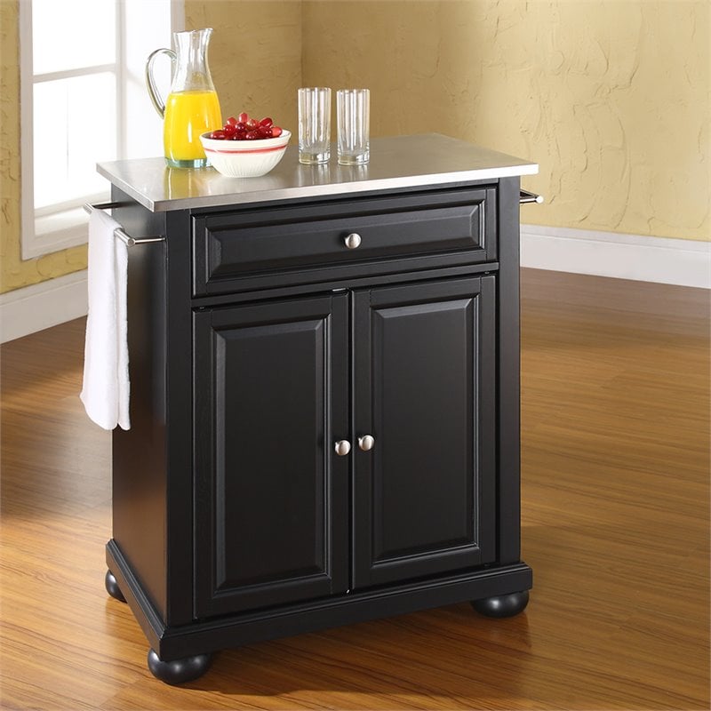Pemberly Row Portable Kitchen Island in Black Wood with Adjustable Shelf