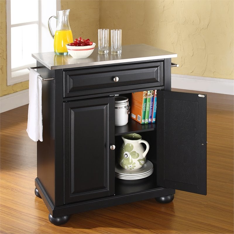 Pemberly Row Portable Kitchen Island in Black Wood with Adjustable Shelf