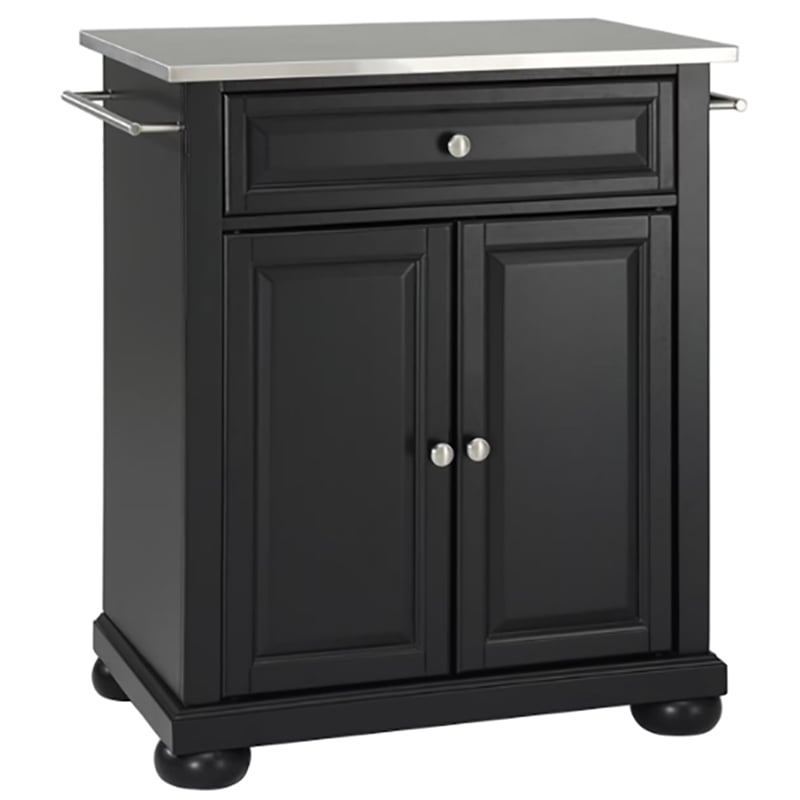 Pemberly Row Portable Kitchen Island in Black Wood with Adjustable Shelf