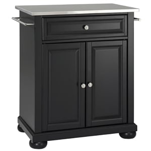 Pemberly Row Portable Kitchen Island in Black Wood with Adjustable Shelf