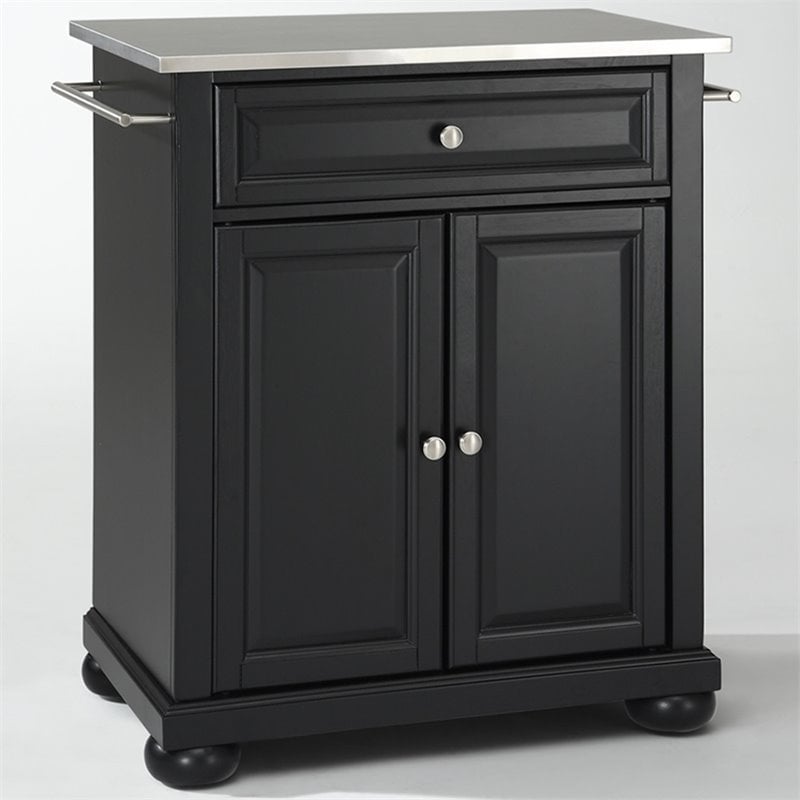 Pemberly Row Portable Kitchen Island in Black Wood with Adjustable Shelf