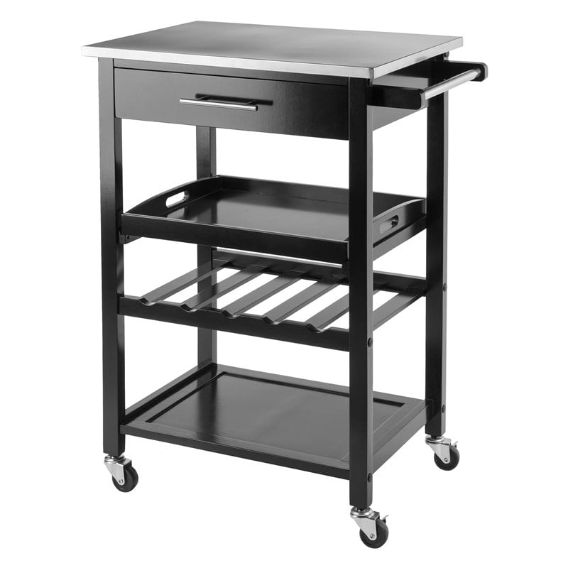 Pemberly Row Kitchen Cart with Stainless Steel Top and Black Finish