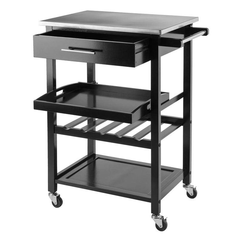 Pemberly Row Kitchen Cart with Stainless Steel Top and Black Finish