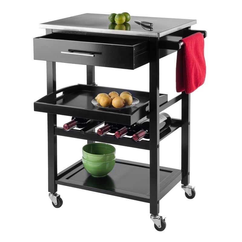 Pemberly Row Kitchen Cart with Stainless Steel Top and Black Finish