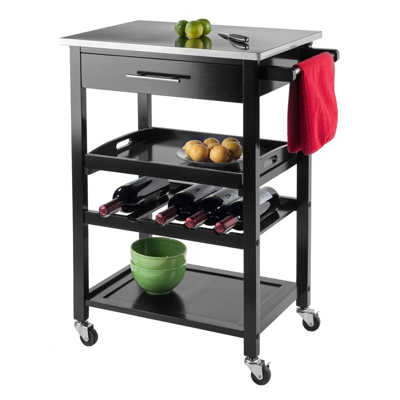 Pemberly Row Kitchen Cart with Stainless Steel Top and Black Finish