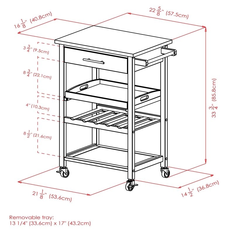 Pemberly Row Kitchen Cart with Stainless Steel Top and Black Finish