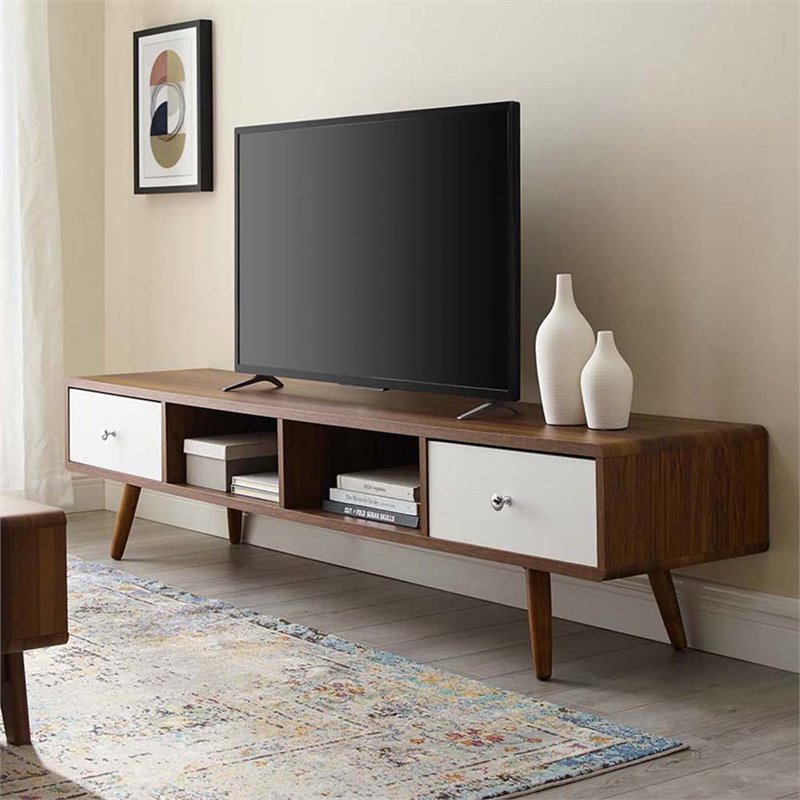 Pemberly Row 70 in Modern Wood TV Stand in Walnut and White Finish
