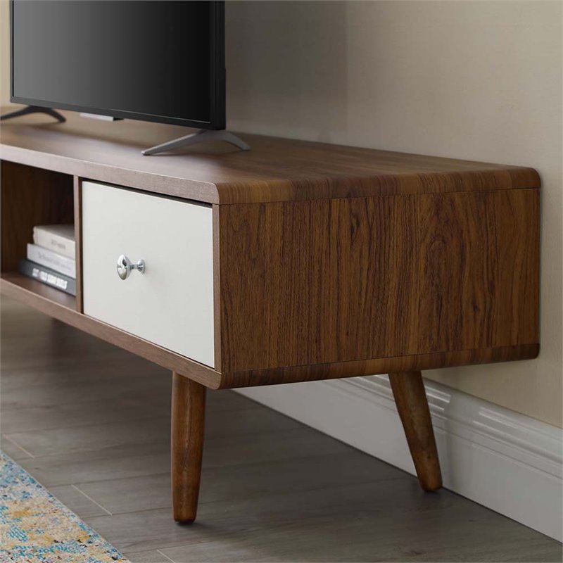Pemberly Row 70 in Modern Wood TV Stand in Walnut and White Finish