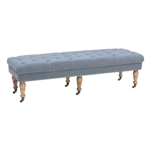 Pemberly Row Upholstered Tufted Bench in Washed Blue Linen with Casters