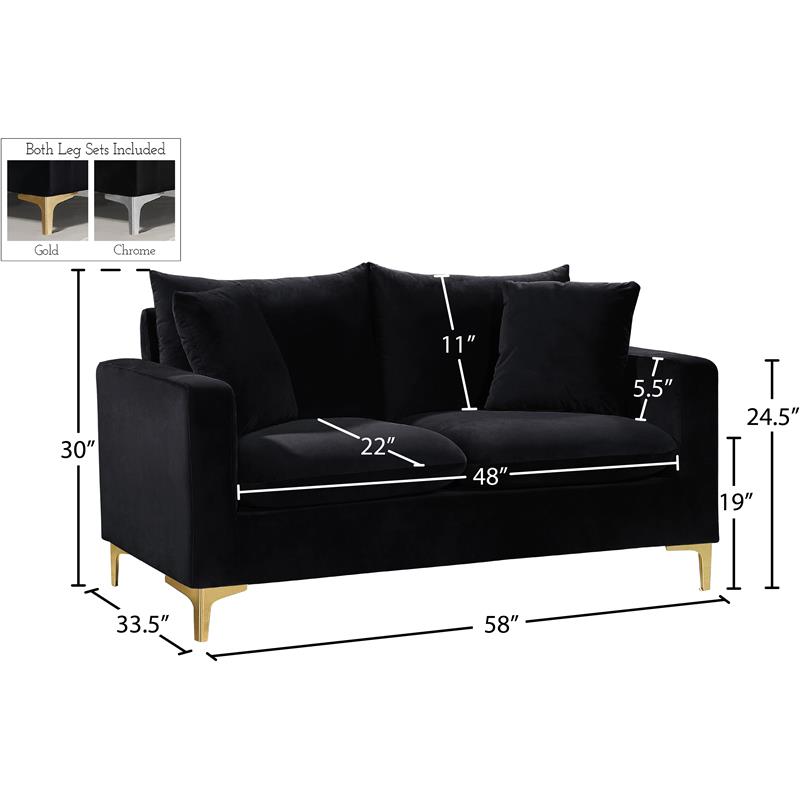 Pemberly Row Contemporary Velvet Loveseat in Black with Gold and Chrome Legs