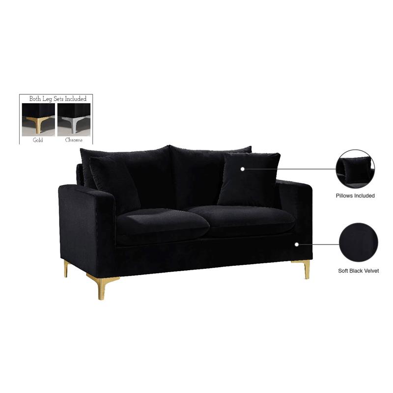 Pemberly Row Contemporary Velvet Loveseat in Black with Gold and Chrome Legs