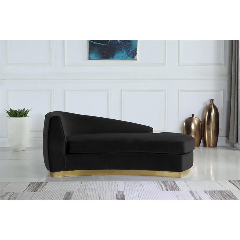 Pemberly Row Velvet Chaise in Black with Gold Base and Curved Design