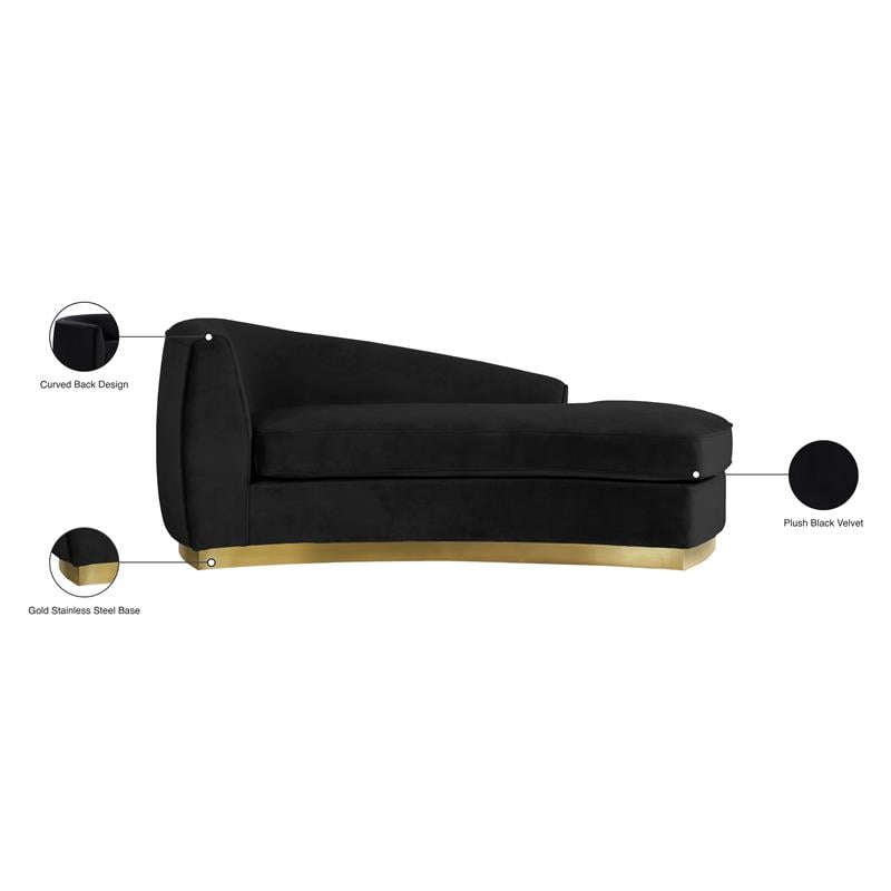 Pemberly Row Velvet Chaise in Black with Gold Base and Curved Design