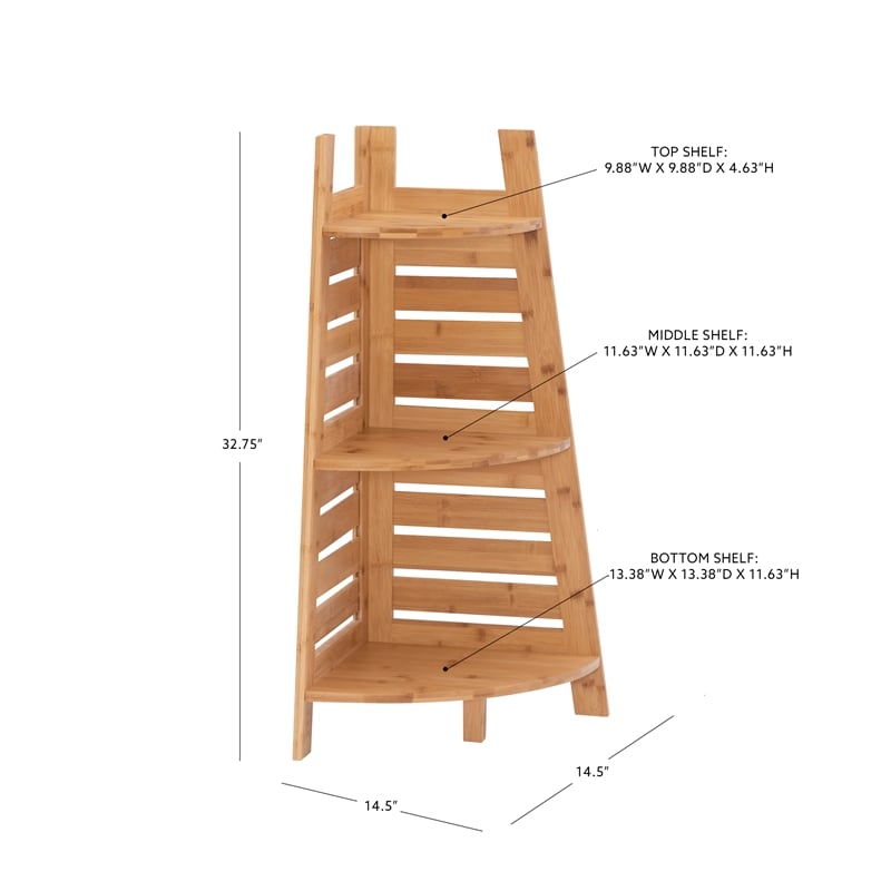 Pemberly Row Bamboo Corner Shelves with 3 Tiers in Natural Finish