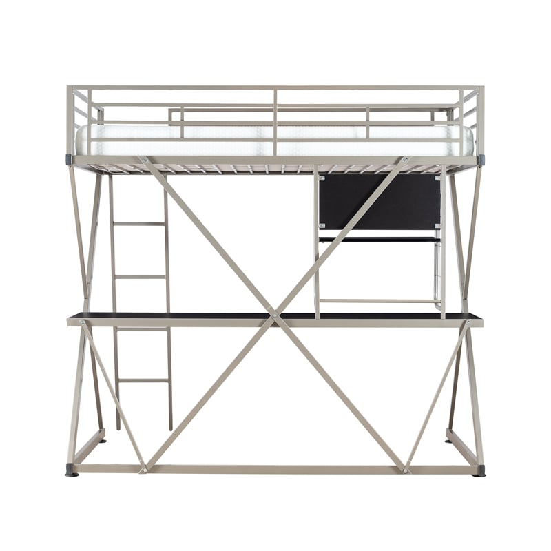 Pemberly Row Metal Twin Loft Bed with Desk in Pewter Finish