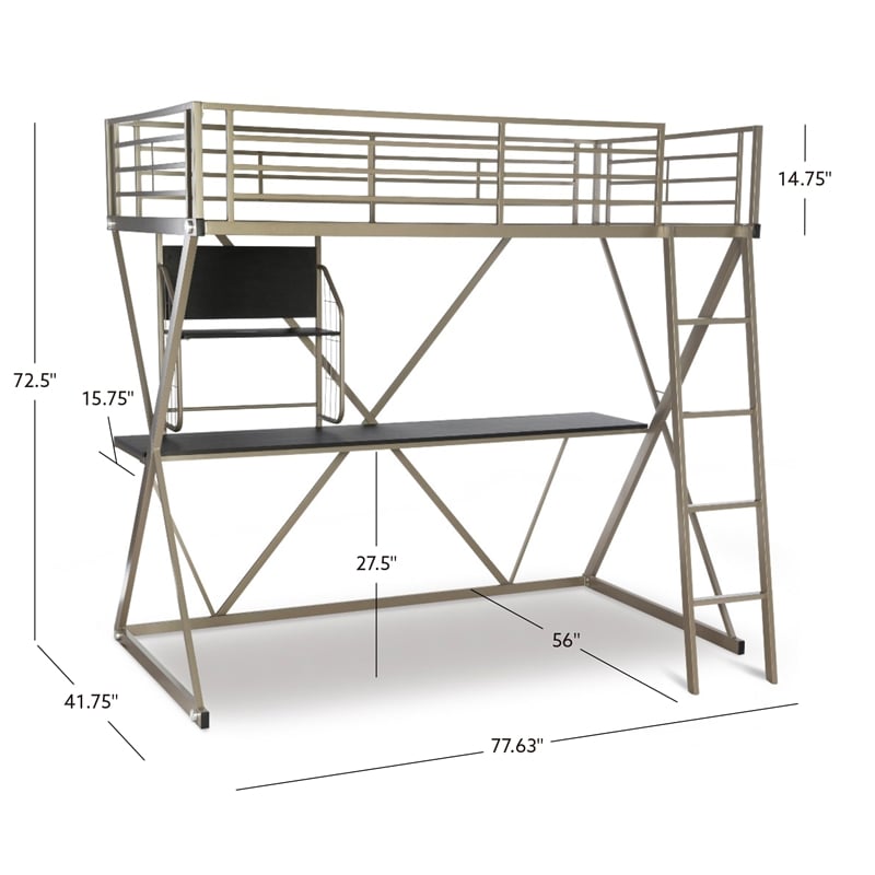 Pemberly Row Metal Twin Loft Bed with Desk in Pewter Finish