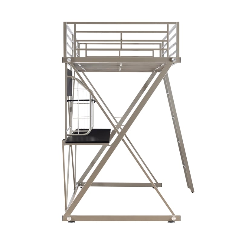 Pemberly Row Metal Twin Loft Bed with Desk in Pewter Finish