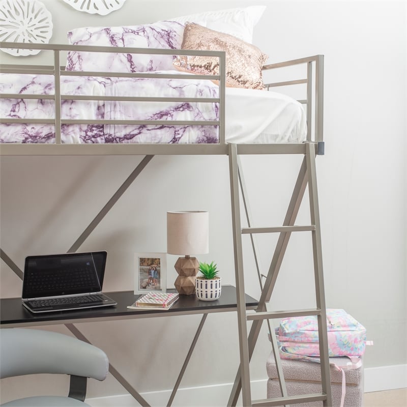 Pemberly Row Metal Twin Loft Bed with Desk in Pewter Finish