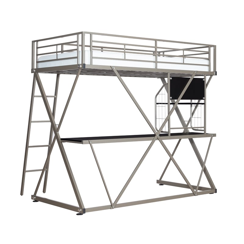 Pemberly Row Metal Twin Loft Bed with Desk in Pewter Finish