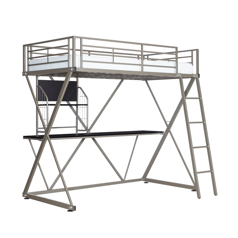 Pemberly Row Metal Twin Loft Bed with Desk in Pewter Finish
