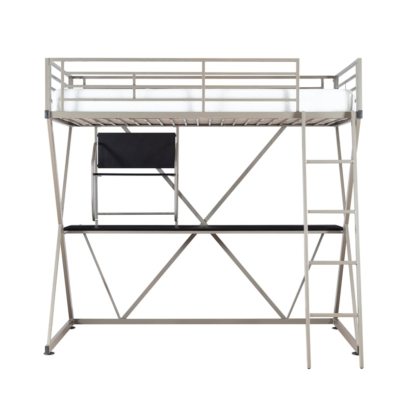 Pemberly Row Metal Twin Loft Bed with Desk in Pewter Finish
