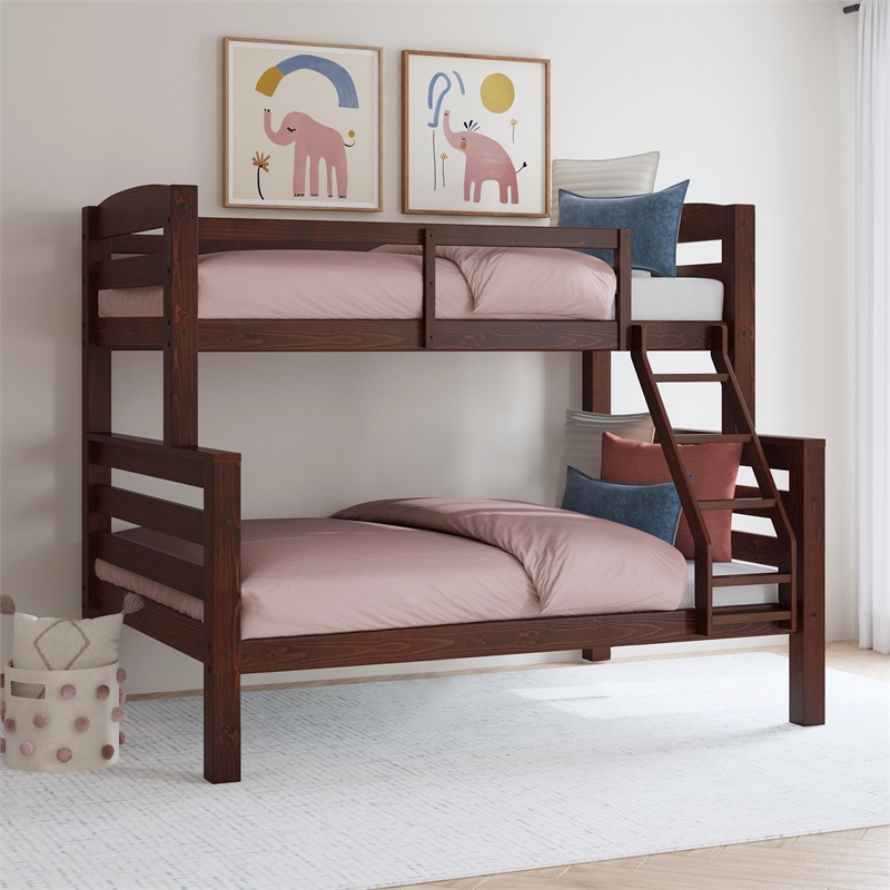 Pemberly Row Twin Over Full Wood Bunk Bed with Ladder in Espresso