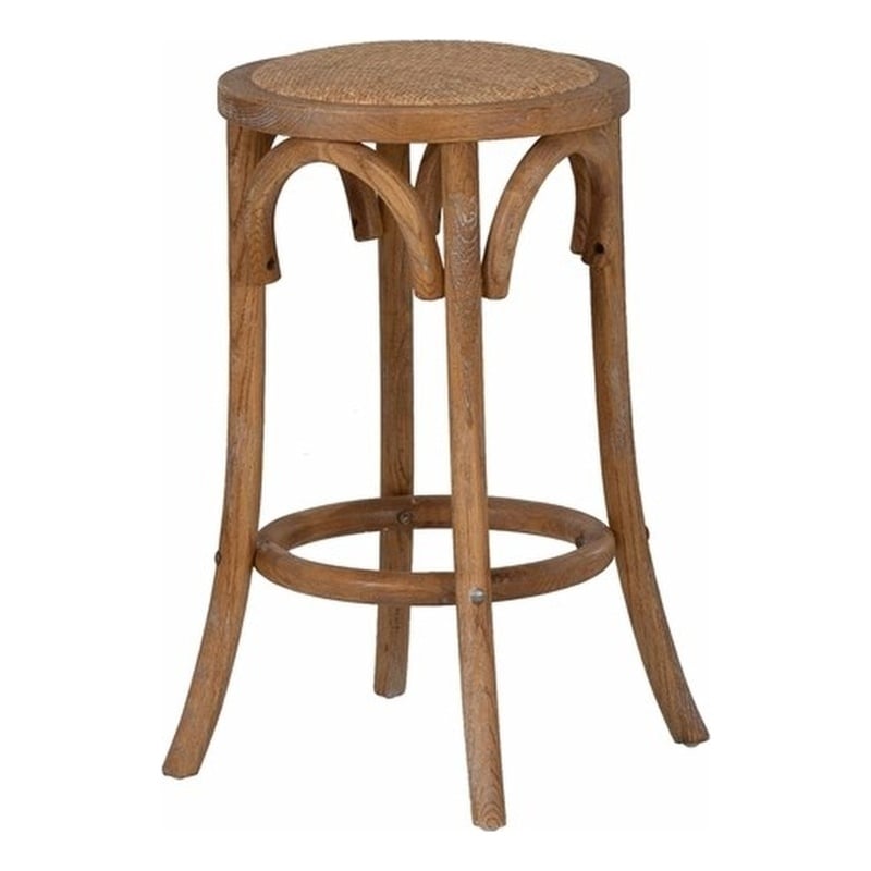Pemberly Row 24 in Rustic Wood Backless Counter Stool with Rattan Seat