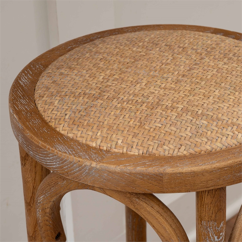 Pemberly Row 24 in Rustic Wood Backless Counter Stool with Rattan Seat