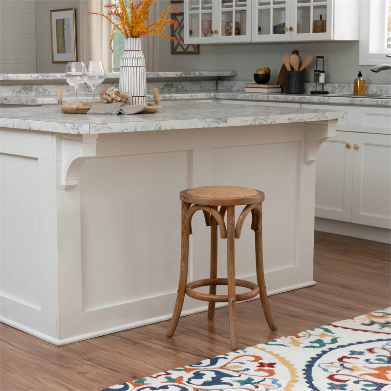 Pemberly Row 24 in Rustic Wood Backless Counter Stool with Rattan Seat