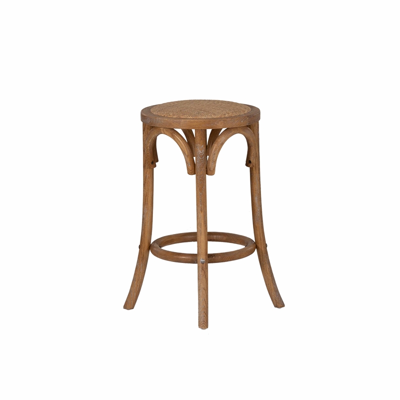 Pemberly Row 24 in Rustic Wood Backless Counter Stool with Rattan Seat