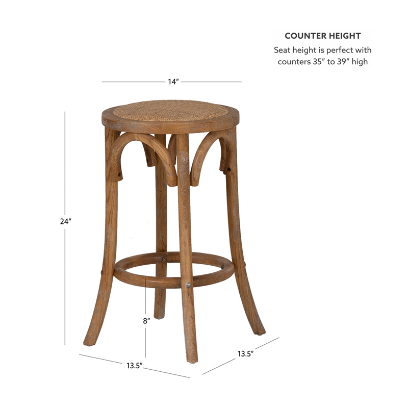 Pemberly Row 24 in Rustic Wood Backless Counter Stool with Rattan Seat