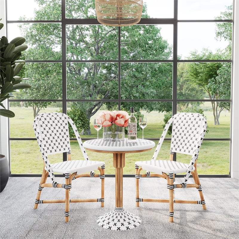 Pemberly Row Rattan Bistro Side Dining Chair in White and Black